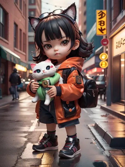 3D toy，3Drenderingof，ip，cyber punk style，tchibi，Cute little boy，masks，simple backgound，Best quality at best，c4d，blender，3 d model，toys，Vivid colors，Street style，A high resolution，A lot of detail，by Pixar，The color of the candy，Big shoes，fashionable and tre...