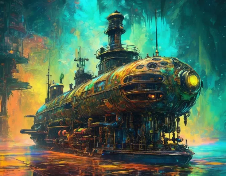 Nautilus submarine, immersed in the neon depths of the ocean, Captain Nemos vessel aglow with bright, neon ambiance, abstraction of black oil and gear mecha detailing, steampunk,  Hyperdetailed acrylic grunge, 32k octane rendering, Alcoholic ink touch in t...