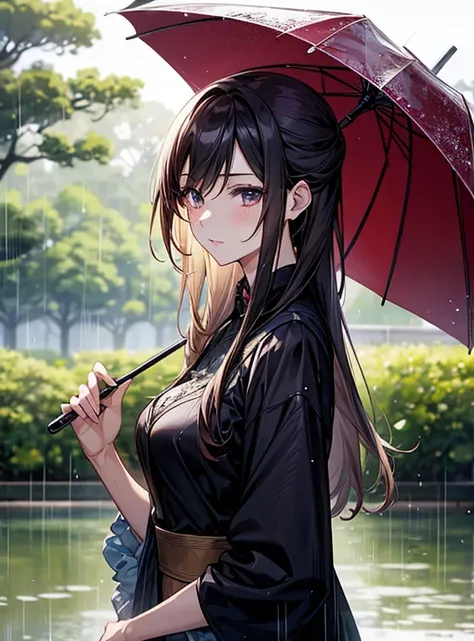 Attractive breasts、Beautiful and attractive anime woman, Enchanting anime girl, Top rated on pixiv、in the rain、Soaking wet、Shinjuku Gyoen National Garden、widow、Cute clothes