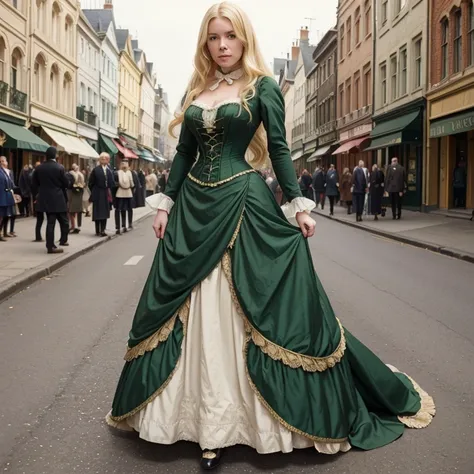 diana rigg as a blonde woman in green 1880s victorian bustle dress, very long hair in victorian style, on a street, full body, victorian photo 