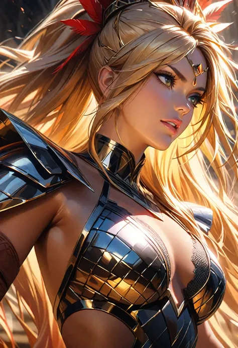 A beautiful solo portrait of Shakira, the tan-skinned Indian warrior queen, adorned in exquisite diamond armor and a crystal armor plate. Her long blonde hair cascades down her back as she gazes confidently into the distance. She is dressed in brown leathe...