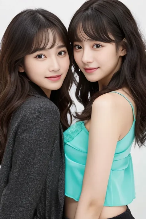 best quality，masterpiece，HD，Clear face，A pair of Korean twin sisters，Black slightly curly medium length hair，Korean makeup，Korean beauty，twin idol group，Dance