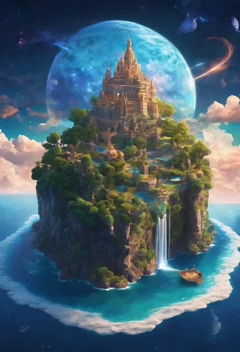 A stunning 3D render of a floating island in a divine, blue starry sky, capturing a cinematic and conceptual art moment. This mesmerizing scene is created by the imaginative minds of the Limbourg brothers. The island consists of lush green forests, sprawli...