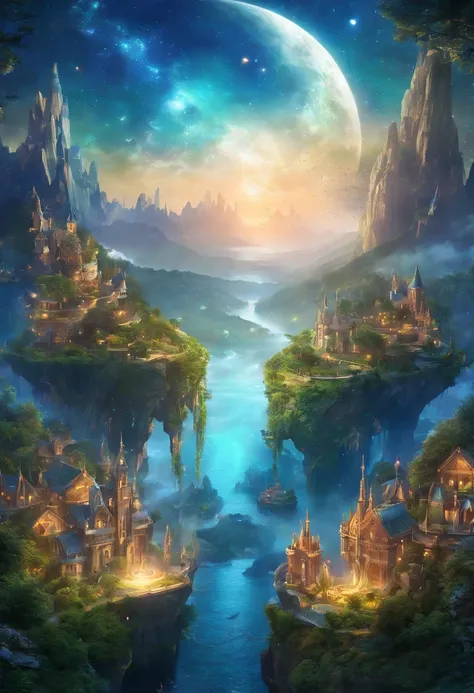 A stunning 3D render of a floating island in a divine, blue starry sky, capturing a cinematic and conceptual art moment. This mesmerizing scene is created by the imaginative minds of the Limbourg brothers. The island consists of lush green forests, sprawli...