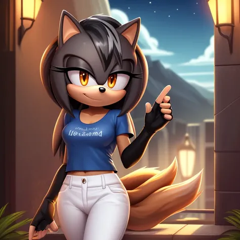 best quality, ultra-detailed, cinematic lighting, beautiful lighting, ((Masterpiece)), hi res, detailed, detailed background, vibrant lighting, high quality, cartoon style, 2d, (Mobian:1.1), solo, (((1girl))), (((female))), (((dark grey Mobian hedgehog))),...