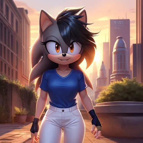 best quality, ultra-detailed, cinematic lighting, beautiful lighting, ((Masterpiece)), hi res, detailed, detailed background, vibrant lighting, high quality, cartoon style, 2d, (Mobian:1.1), solo, (((1girl))), (((female))), (((dark grey Mobian hedgehog))),...