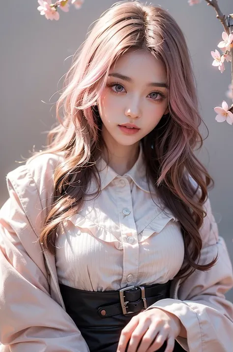 Light pink hair, Pink Eyes, Pink and white, Cherry Blossom, Vibrant colors, steampunk, blouse white、Paint Splash, Simple Background, Ray Tracing, Wavy long hair、