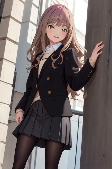 masterpiece,best quality,highres,ultra-detailed,aayume,long hair,bangs,,blazer,black jacket,long sleeves,sweater,beige sweater,collared shirt,pleated skirt,短いblack skirt:1.5,black pantyhose,loafers,outdoors,standing,cowboy shot,smile,