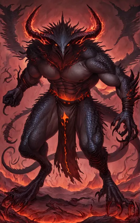 Demonic bird anthro warrior,comic book style, illustration, solo, abs, detailed scales, majestic horns, ferocious, male, [[badass pose]], nipples, masterpiece, best art, loincloth, full body, digitigrade, 