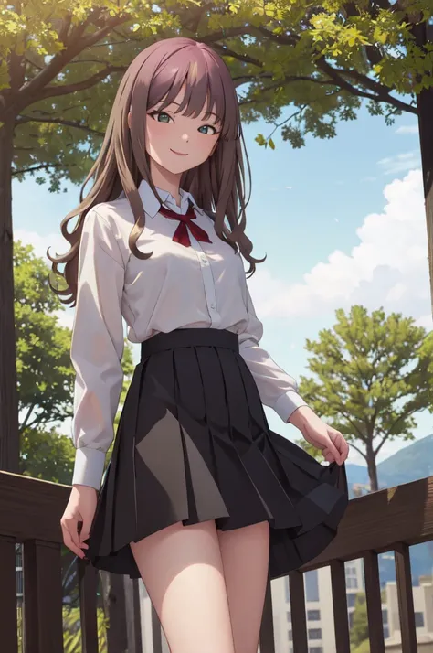 masterpiece,best quality,highres,ultra-detailed,aayume,long hair,bangs,collared shirt,短いblack skirt:1.5,loafers,outdoors,standin...