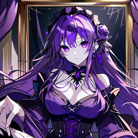 (highest quality,Super detailed,High resolution,wonderful,Attention to detail)Purple Hair,Long Hair,Purple Eyes,Earrings,gothic  dress,rose,Cinema Lighting,thought,Sharp Eyes,gorgeous,