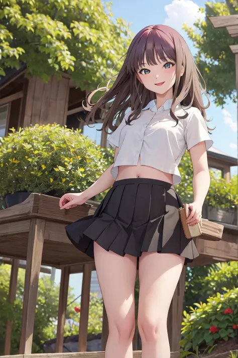 masterpiece,best quality,highres,ultra-detailed,aayume,long hair,bangs,short shirt、belly button,short black skirt:1.5,loafers,ou...