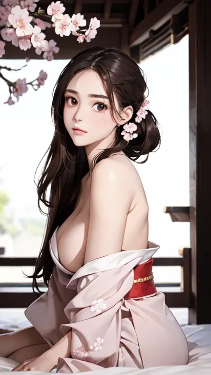 (best quality, 8k, masterpiece: 1.3), single ponytail, (beautiful face:1.3), Cherry blossoms are in full bloom, full of cherry blossoms, Floating cherry petals, Gorgeous, authentic kimono , full body , straight down hair , golden eyes , big breast 