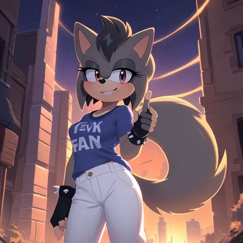 best quality, ultra-detailed, cinematic lighting, beautiful lighting, ((Masterpiece)), hi res, detailed, detailed background, vibrant lighting, high quality, cartoon style, 2d, (Mobian:1.1), solo, (((1girl))), (((female))), (((dark grey Mobian hedgehog))),...