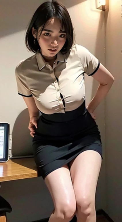 Put your hands behind your back、(Remote Play), OL、((Secretary uniform)),White collared shirt、Black tight mini skirt、Office Lady、Inside the company、 (close your eyes, Open your mouth, Slouching posture), 1 Female, solo, 19 years old, Put your hands behind y...