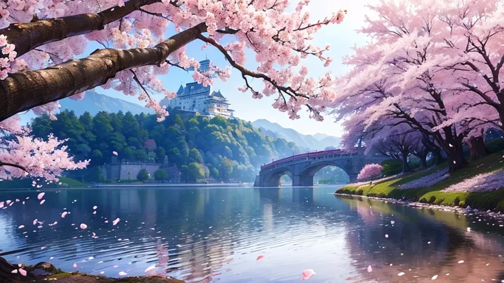 (beautiful),(Fantasy),(Castle),(Western),(cherry blossoms),(舞い散るcherry blossoms),