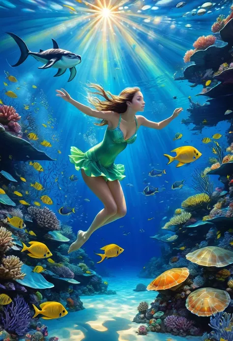 1girl, Diving, underwater scenery, crystal clear water, colorful marine life, vibrant coral reefs, majestic sea turtles, graceful manta rays, schools of tropical fish, sun rays shining through the water, tranquil ocean floor, oceanic wonders, serene and pe...