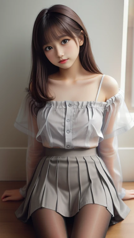 masterpiece，Draw the whole body，((software: 1.4)), ((software,, Ruffled mini skirt, 1 girl)), Ultra-high resolution, (Genuine: 1.4), Raw photo,(Wearing light grey, thin pantyhose with a transparent and shiny look)，(Ultra-realistic pantyhose) ，highest quali...