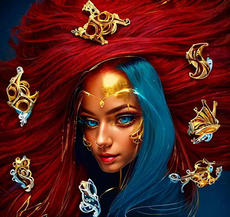 (masterpiece, best quality:1.2), 1girl, solo ((ultra realistic))), photo, best quality, trending on artstation, ONE beautiful woman (long dark red hair:1.2), (detailed eyes:1.2), body jewelry made of gold, no jewelry in hair, hairline reaches jewel in fore...