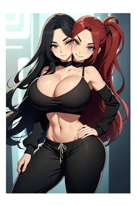 2 heads, a short skinny woman with 2 heads. Massive fake round tits. In a nightclub. Huge sexy bra. Sweatpants. Gorgeous face. Cute. Happy. Smiling. Young. Flirty. Goth. Long straight crimson hair in ponytail. Touching breasts. Seductive. Gigantic round fa...