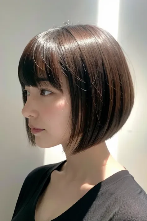 Ultra HD、woman、profile、Short Bob with blunt cut、Japanese、Realistic、Bathed in light、Background white、indoor