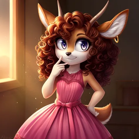 White fur, deer, curly hair, dress, high resolution, earrings,