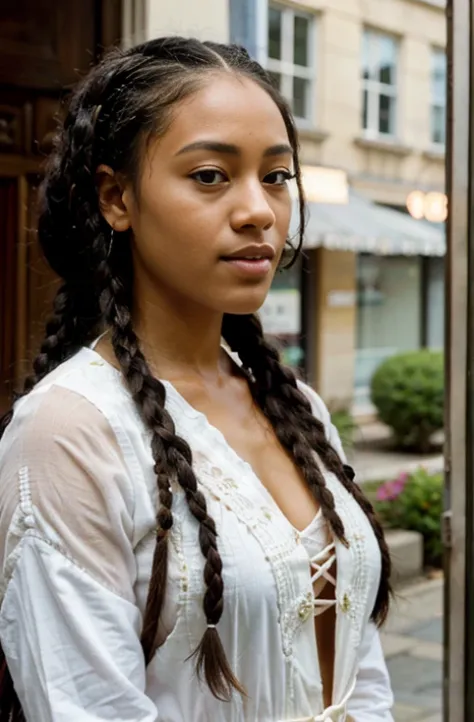 a refined description of the scene you described:

a black woman with hair braided in an intricate and elegant style is depicted...