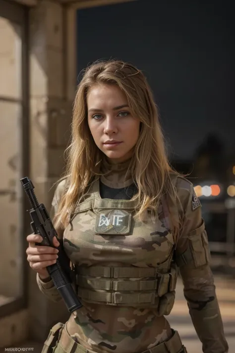 Cinematic battlefield in ruin city, a ultra-detailed hyperrealist photography of a beautiful 20 years old Israeli soldier woman, (blonde hair with extra long wavy), blue eyes, Israeli aesthetics, short hair, night, curvy, beautiful curves, army aesthetics,...