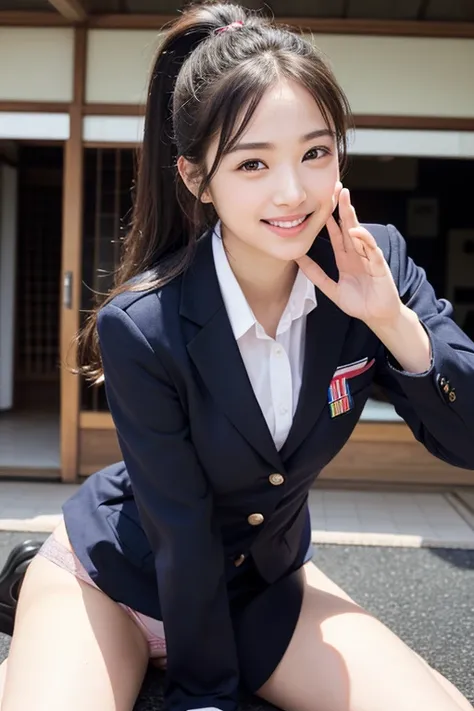 wave hands、thin脚、ponytail、Extraordinary beauty、Cute face、The best smile、Cute Smile、frontage、thin、Straight Hair、School、Ulzzang-6500-v1.1, (Raw photo:1.2), (Photorealistic:1.4),　Beautiful detailed girl, Very detailed目と顔, Beautiful and fine details,  Large fi...