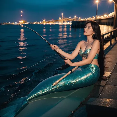 A mermaid biting the hook on a fishing rod at night