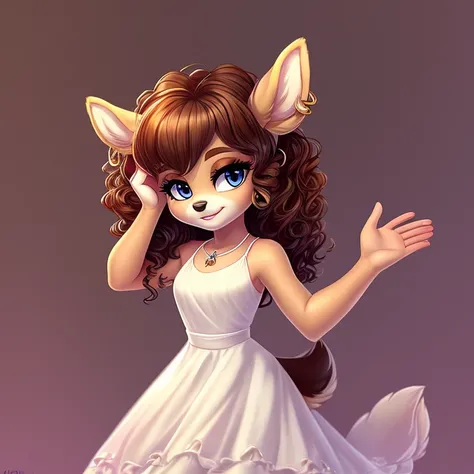 White fur, deer, curly hair, dress, high resolution, earrings,