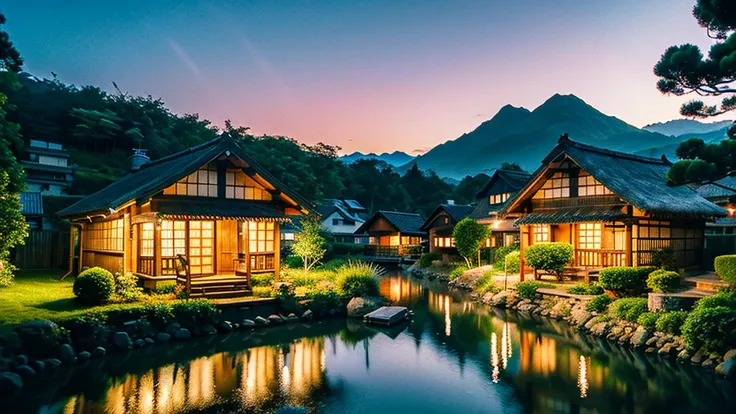 Landscape painting、Japanese village scenery、Photo Style、evening、Cute girl、dusk、