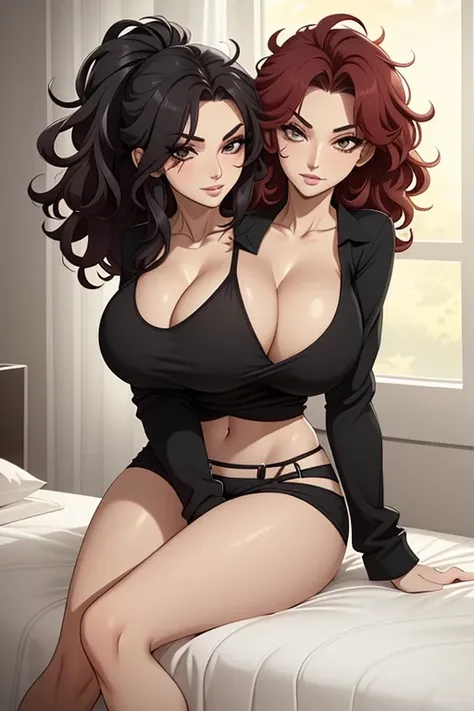 2 heads, a tall skinny woman with 2 heads. In a bedroom. Laying in a bed. Tony bikini top. Gorgeous face. Cute. Happy. Mature. Flirty. Goth. Messy red hair. Pulling shirt. Seductive. Huge breasts. Thick eyeshadow.