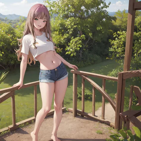 (best quality,highres,ultra-detailed), masterpiece:1.2, aayume, long hair, bangs, shirt、hot pants、outdoors, standing, smile, beautiful thighs, barefoot、full body、Belly button