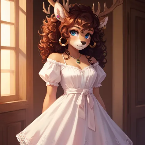 White fur, deer, curly hair, dress, high resolution, earrings,