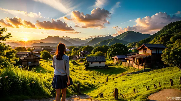 Landscape painting、Japanese village scenery、Photo Style、evening、A cute girl stands、dusk、sunset、