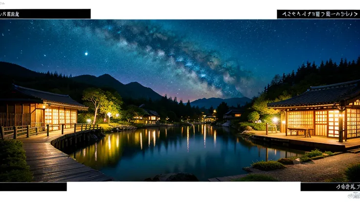 Landscape painting、Japanese village scenery、Photo Style、night、Star of the sky、