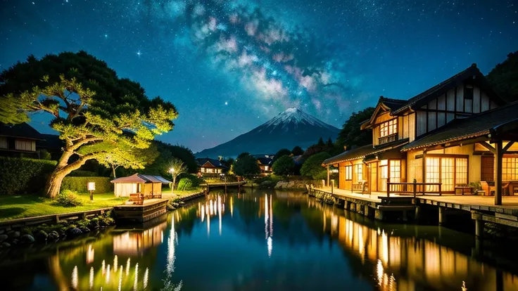 Landscape painting、Japanese village scenery、Photo Style、night、Star of the sky、