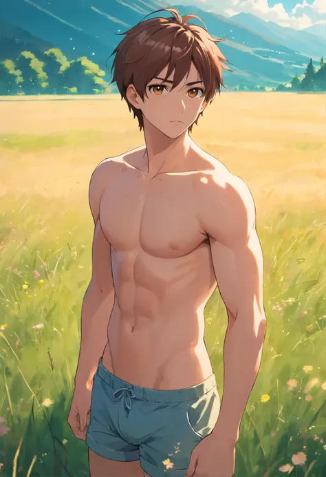 A handsome boy, 25 years old, brown spiky hair, light hazel brown eyes, masculine pose standing in a meadow, mysterious lighting, shirtless, wearing only a micro underwear, muscular physique, looking into the camera, half body shot, head to thighs, 