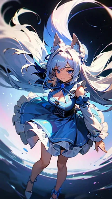 best quality,4k,highres),ultra detailed,realistic:1.37, masterpiece, White hair, long hair, blue eyes, medium breasts, large magical collar, slave, fox girl, thickly furred tail, servant, sexy, cute, confident look, revealing outfit, white and blue dress, ...