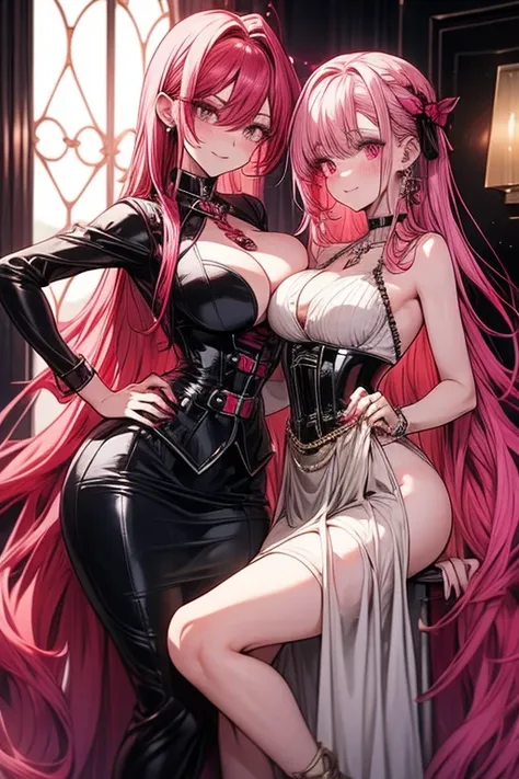 A pink haired woman with violet eyes and an hourglass figure is posing in a sexy corset dress is posing with a red haired woman with red eyes with an hourglass figure in a bedroom