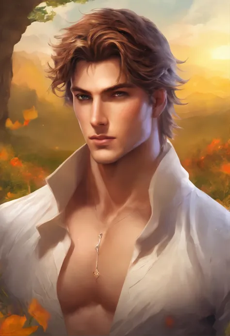 A handsome boy, 25 years old, brown spiky hair, light hazel brown eyes, masculine pose standing in a meadow, mysterious lighting, shirtless, wearing only a micro underwear, muscular physique, looking into the camera, half body shot, head to thighs, 