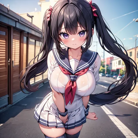 highest quality,wonderful,finely,extremely detailed CG Unity 8K wallpaper,  (1 girl, Black Hair,Twin tails, clothed),(huge breasts:1.1),(Sailor suit:1.3), (zettai ryouiki:1.4)