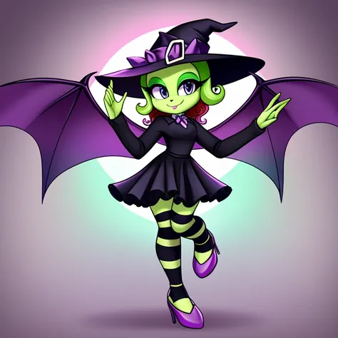 a tall and slender fairy-witch with light green skin, curly, vibrant red hair, bright light blue and graphite gray eyes, dainty, dark-violet bat wings, wearing green and violet striped leggings, worn beneath a low-cut, long-sleeved black dress that flares ...