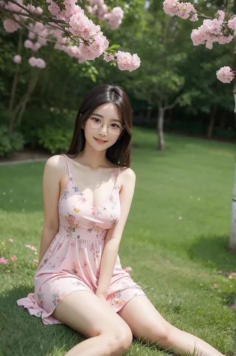 A beautiful Asian girl with glasses wearing short pink dress, reposing on grass in a flower garden, smirking, showcasing medium size breasts and thighs.