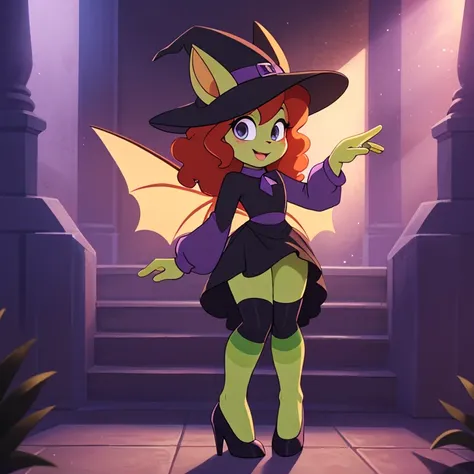 a tall and slender fairy-witch with light green skin, curly, vibrant red hair, bright light blue and graphite gray eyes, dainty, dark-violet bat wings, wearing green and violet striped leggings, worn beneath a low-cut, long-sleeved black dress that flares ...