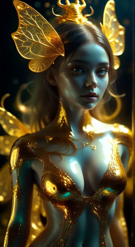 Woman with shiny translucent fractal skin, whole body, Large Breasts，Swirling organic pattern, Energetic, Ultra HD, Bright colors, perfect composition, Soft natural volumetric cinema lighting, Amazing shadows, Black silhouette, Volumetric Light, (Movie Pos...