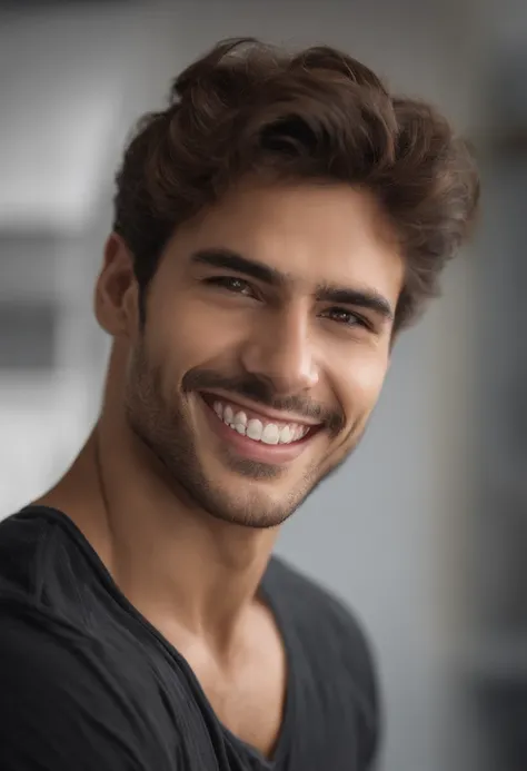 a beautiful Brazilian male model with stunning, (in classroom), ultra-realistic details, Smiling towards the camera, foto corporativa, Foto de plano medio, tres cuartos, cruzado los brazos, hermoso aspecto, Short Brown Messy Hair, ojos claros de miel, Sonr...