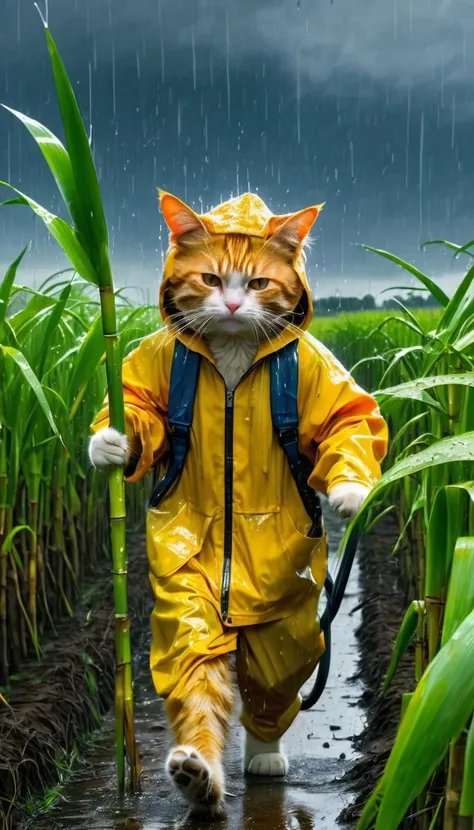 Poor orange cat, old pants, a yellow jacket cutting sugarcane in the fields, heavy rain, wind, strong thunder, 8k