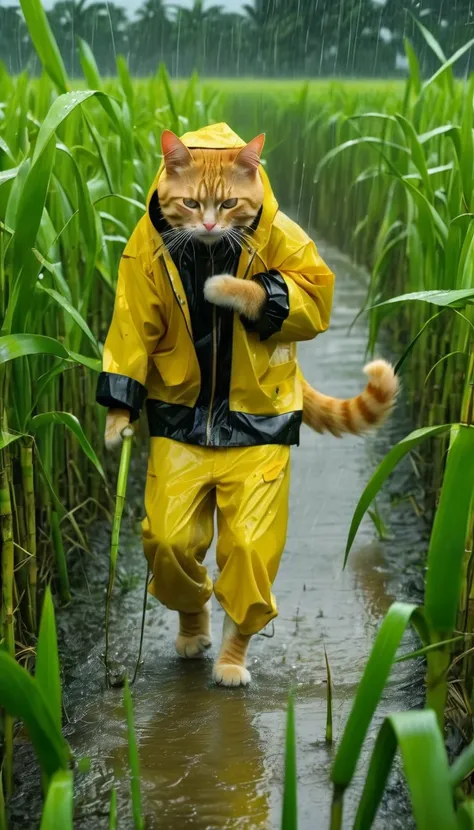 Poor orange cat, old pants, a yellow jacket cutting sugarcane in the fields, heavy rain, wind, strong thunder, 8k